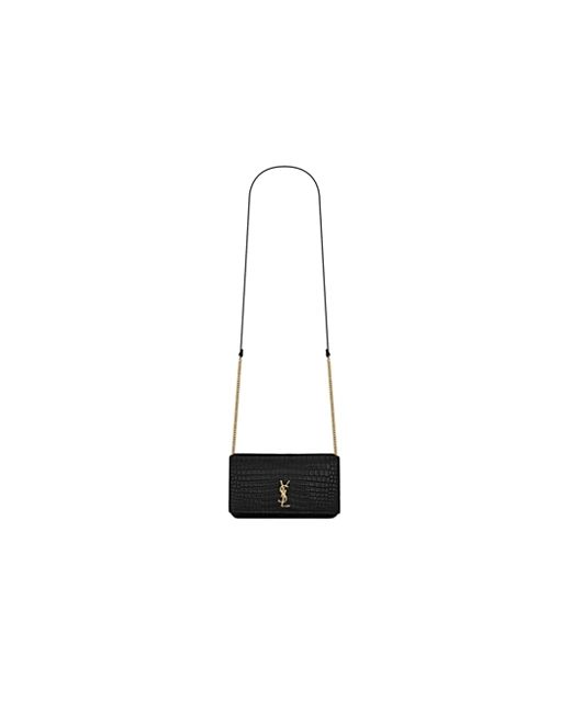 Saint Laurent Cassandre Phone Holder with Strap in Shiny Crocodile-Embossed Leather