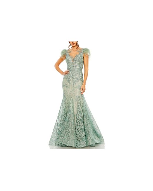 Mac Duggal Embellished Feather Cap Sleeve Illusion Neck Trumpet Gown
