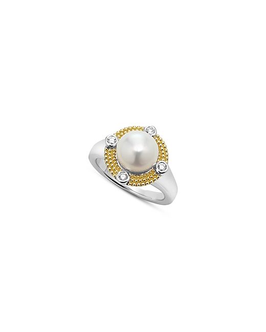 Lagos 18K Yellow Gold Sterling Silver Luna Cultured Freshwater Pearl Diamond Halo Ring