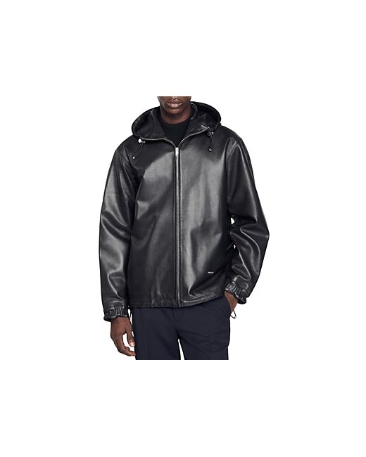 Sandro Hooded Zip Front Leather Jacket