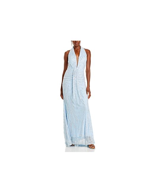Aqua Embellished Plunging V Neck Gown 100 Exclusive
