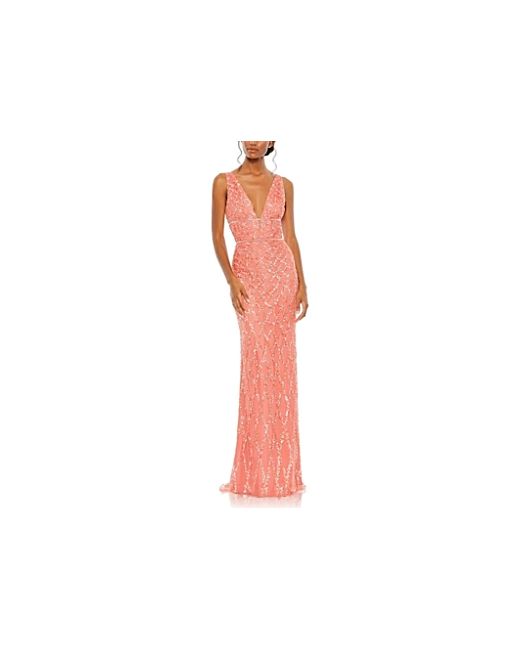Mac Duggal Sequined Plunge Neck Sleeveless Column Gown