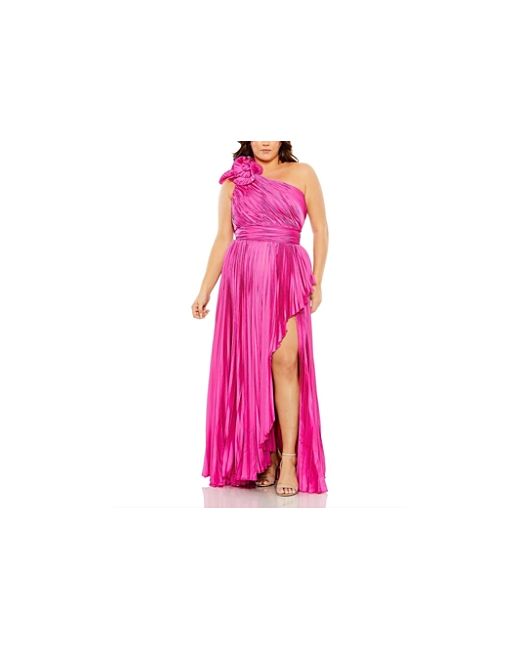 Mac Duggal Pleated One Shoulder Rosette Detail Plus Gown