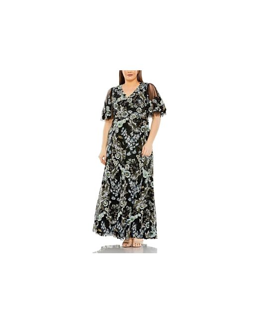 Mac Duggal Sheer Sleeve V Neck Floral Embroidered Plus Gown