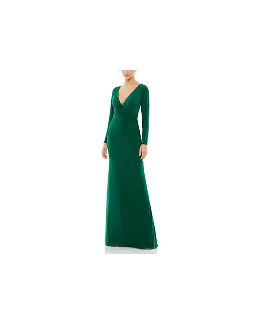 Mac Duggal Long Sleeve Ruched Jersey V-Neck Gown