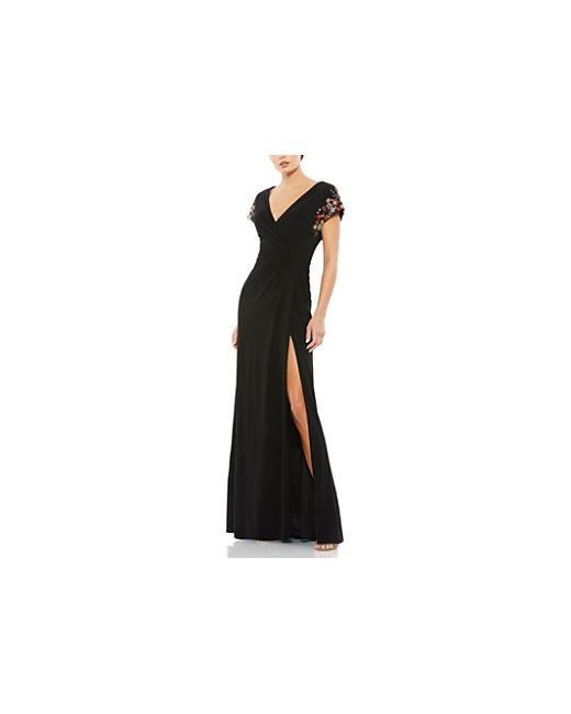 Mac Duggal Embellished Sleeve Jersey Wrap Gown