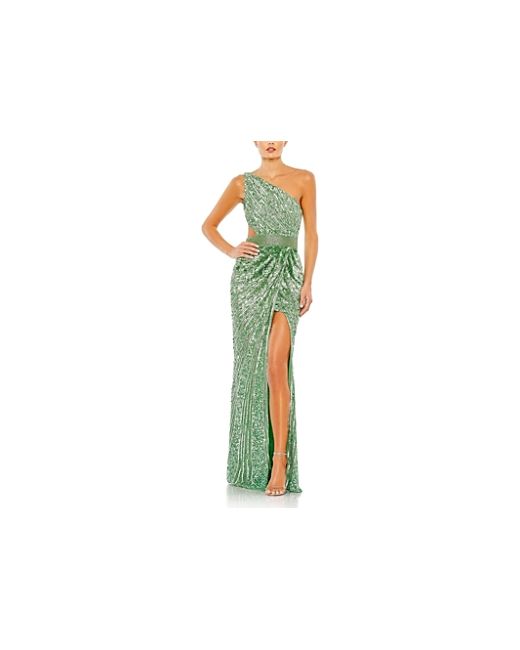 Mac Duggal Sequined One Shoulder Draped Lace Up Gown