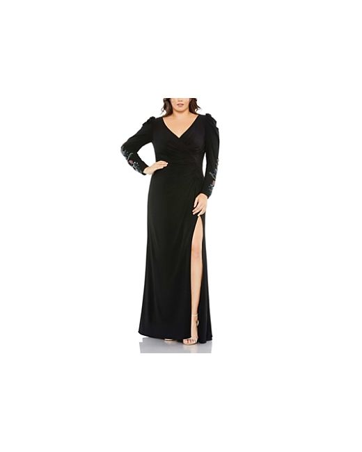 Mac Duggal Embellished Long Sleeve Faux Wrap Gown