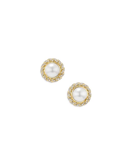 David Yurman Pearl Classics Cable Halo Button Earrings 18K Yellow Gold with Diamonds 13mm