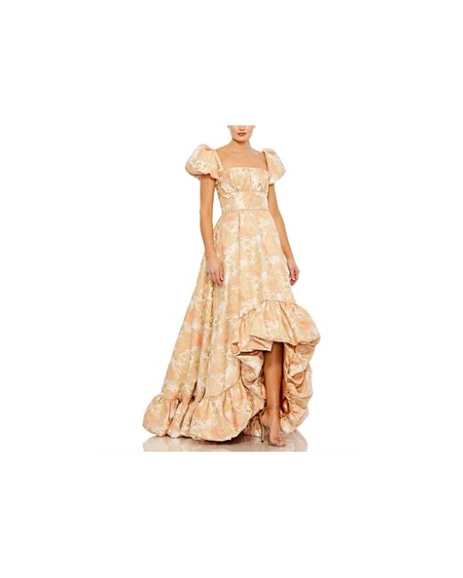 Mac Duggal Floral Print Puff Sleeve High Low Brocade Gown