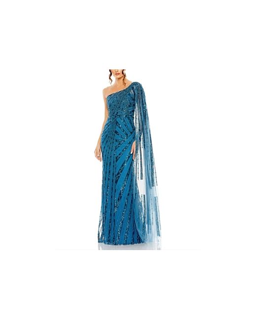 Mac Duggal One Shoulder Cape Sleeve Embellished Gown