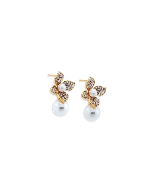 By Adina Eden Pave Four Leaf Dangling Flower Imitation Pearl Stud Earrings
