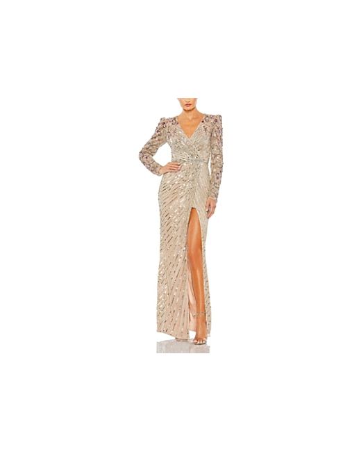 Mac Duggal Long Sleeve Embellished Puff Faux Wrap Gown