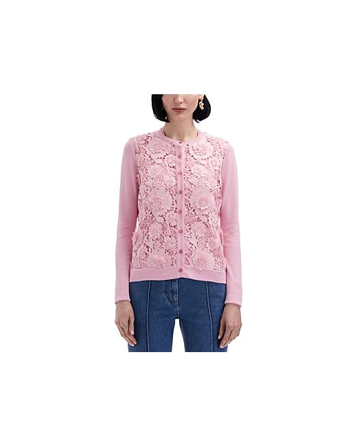 Oscar de la Renta Floral Guipure Long Sleeve Silk Cardigan Sweater