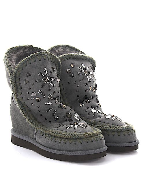 Mou Wedge Boots ESKIMO suede knits green sheepskin crystals