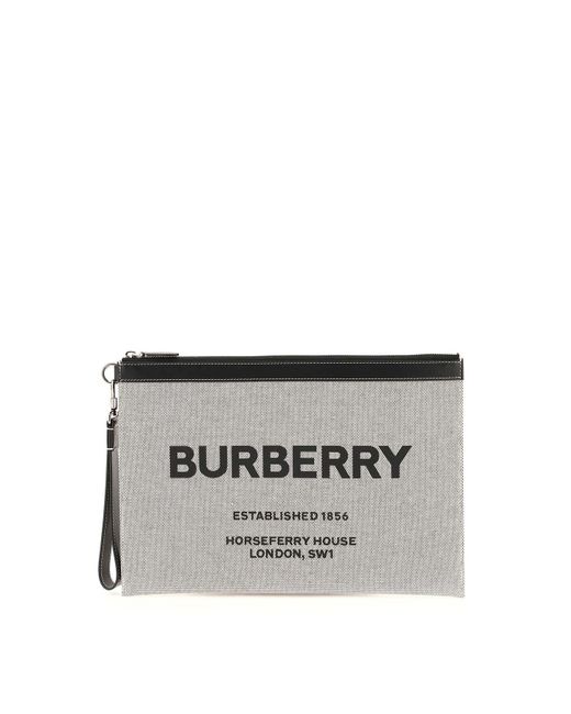 Burberry HORSEFERRY PRINT LARGE POUCH IN COTTON CANVAS Black White Cotton Leather