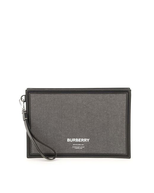 Burberry SLIM POUCH WITH HORSEFERRY PRINT Black Grey Cotton Leather