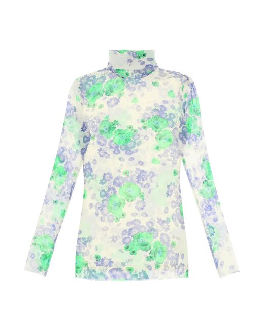 Ganni Long-Sleeved Top In Mesh With Floral Pattern
