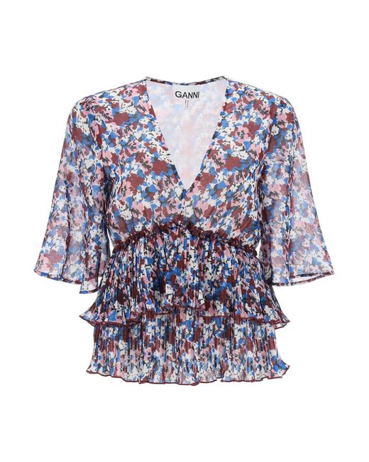 Ganni Pleated blouse with floral motif