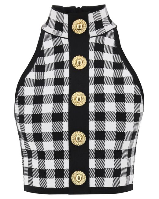 Balmain Gingham knit cropped top with embossed buttons