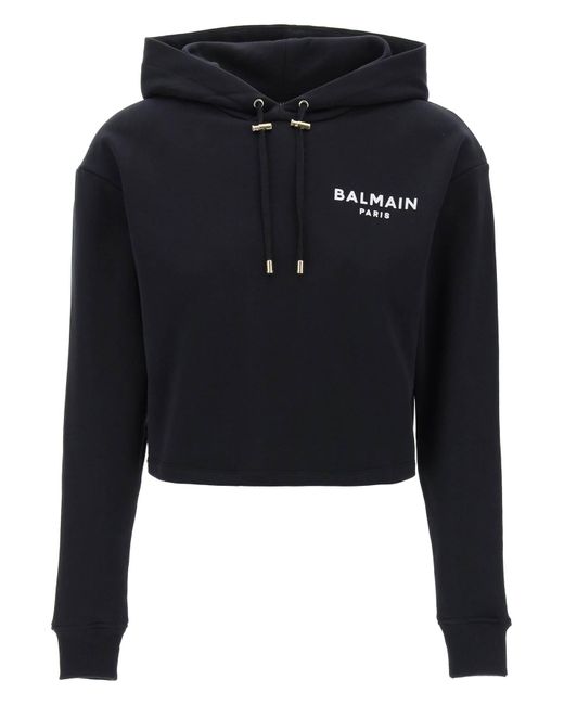 Balmain Cropped hoodie with flocked logo