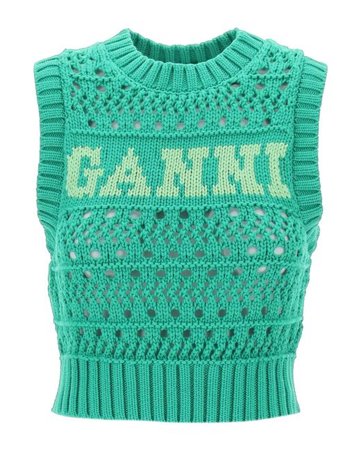 Ganni Open-stitch knitted vest with logo