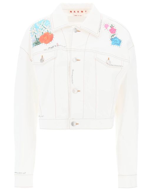 Marni cropped denim jacket with flower patches and embroidery