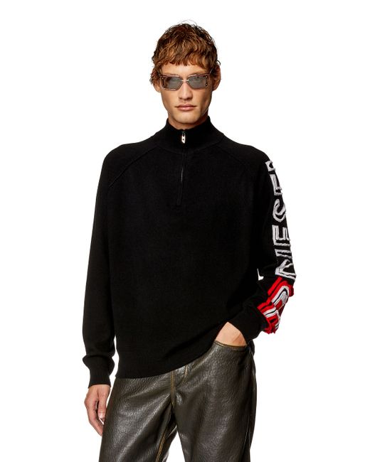 Diesel Half-zip jumper with peel-off intarsia logo Knitwear Man