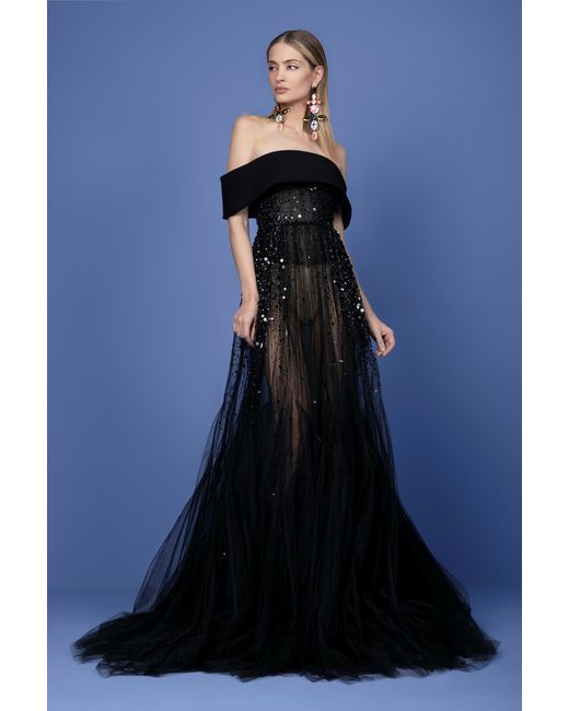 Georges Hobeika Off Shoulder Crepe Collar Beaded Tulle Gown