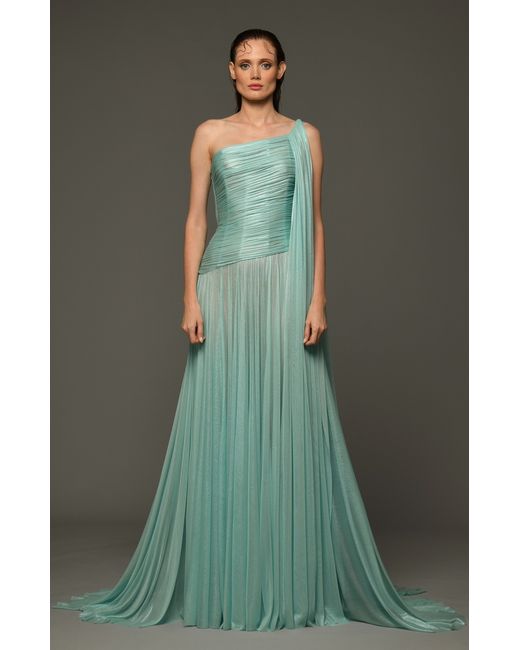 Jean Louis Sabaji Draped Silk Foiled Tulle Gown with Chain Corset