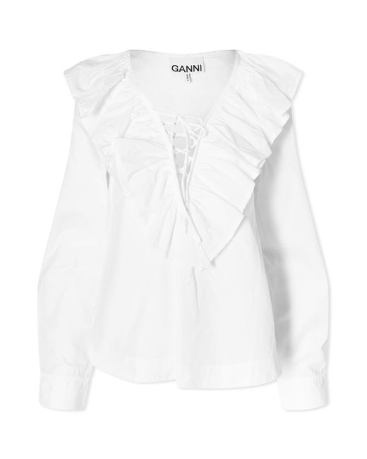 Ganni Cotton Poplin Ruffle V-neck Blouse END. Clothing