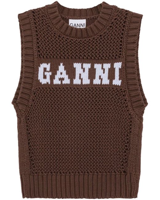 Ganni intarsia-knit logo organic-cotton blend vest