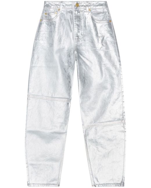 Ganni metallic-finish organic-cotton tapared jeans