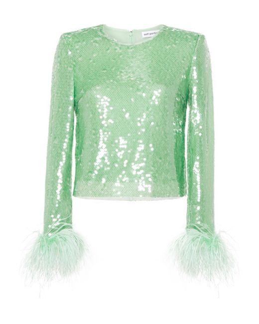 Self-Portrait feather-trim sequinned top