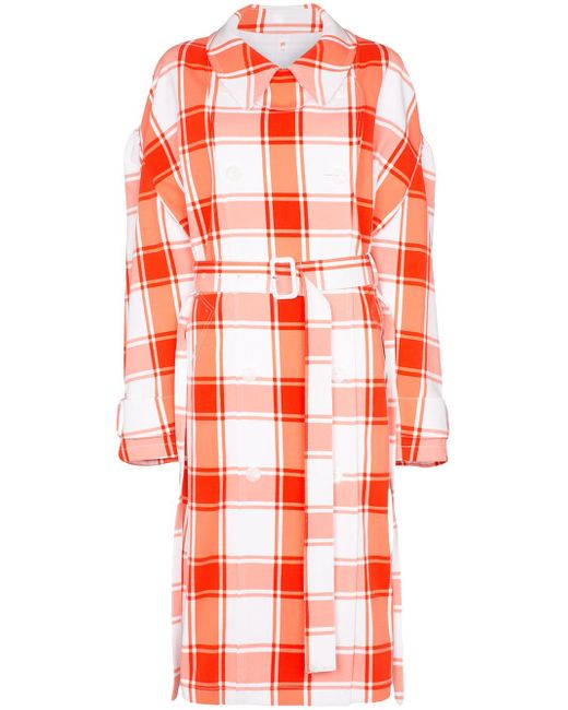 pushBUTTON check print puff sleeve trench coat