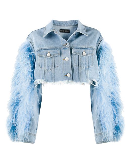 David Koma feather-trimmed cropped denim jacket Blue