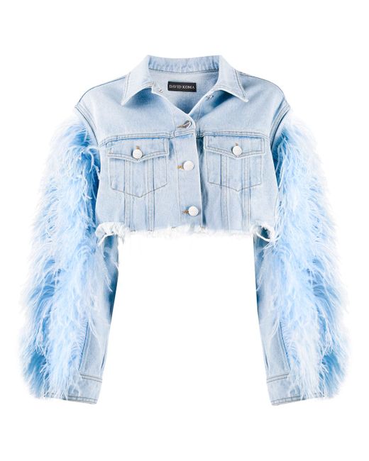 David Koma feather-trimmed cropped denim jacket Blue