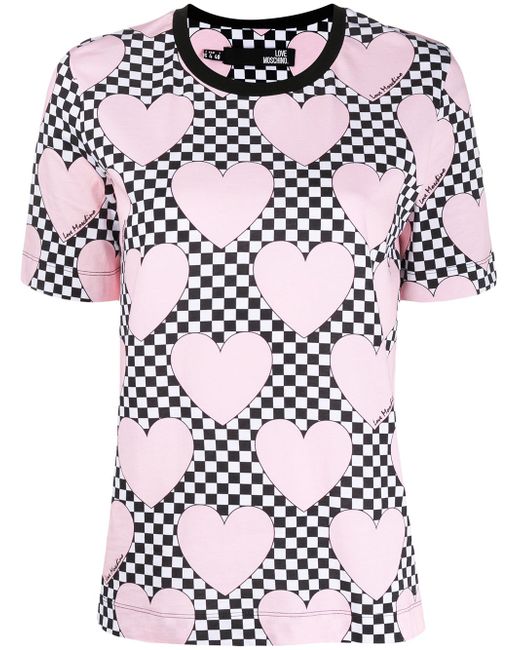 Love Moschino check heart print T-shirt PINK