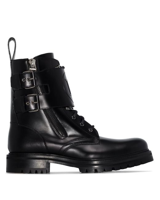 Balmain double-strap logo-embossed combat boots Black