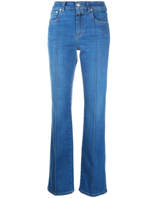 Closed exposed-stitch high-rise flared jeans
