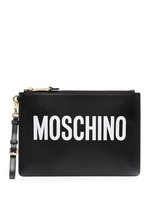 Moschino logo-print leather clutch bag