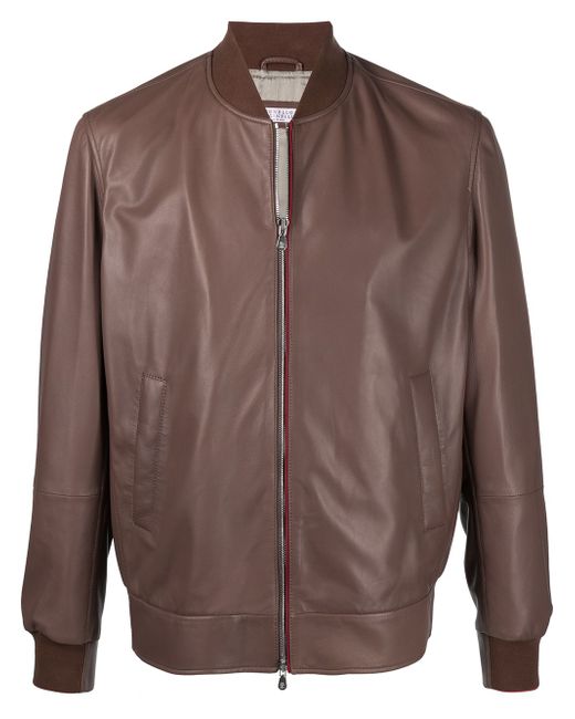 Brunello Cucinelli contrast trim leather bomber jacket