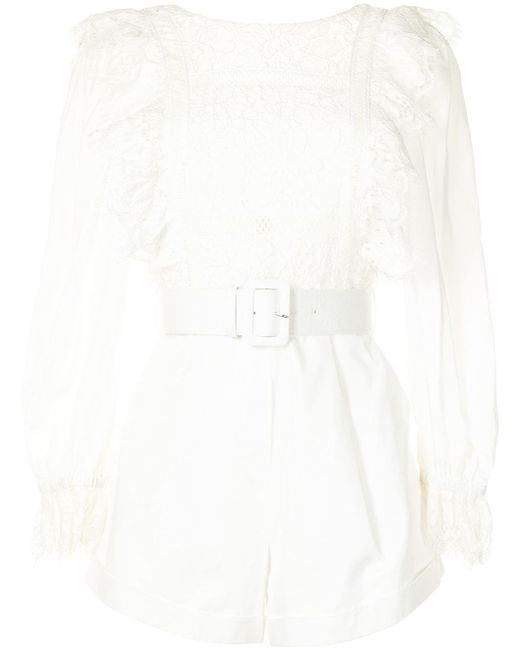 Self-Portrait lace-trimmed belted playsuit