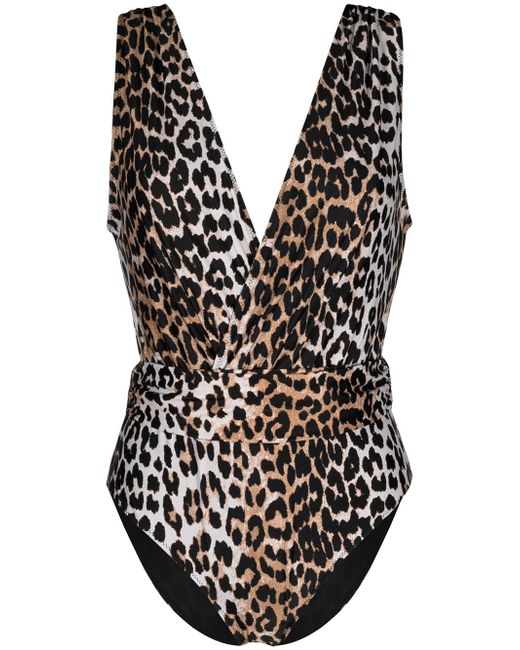 Ganni leopard print V-neck swimsuit