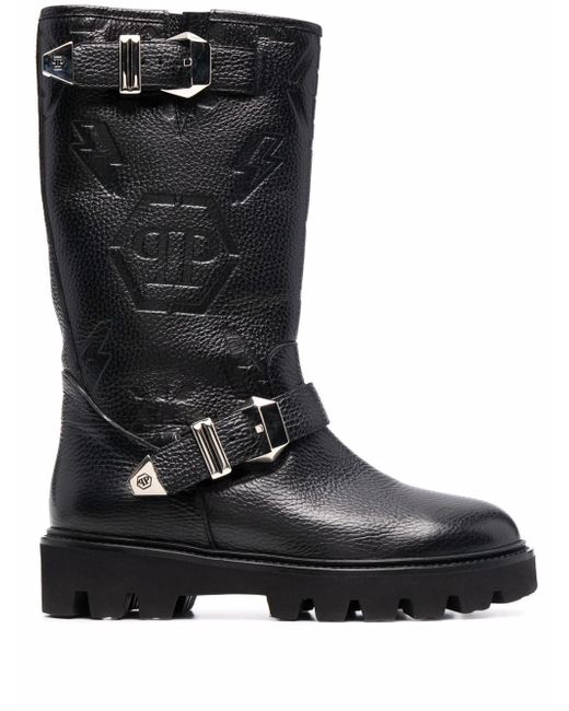 Philipp Plein Biker monogram-debossed leather boots