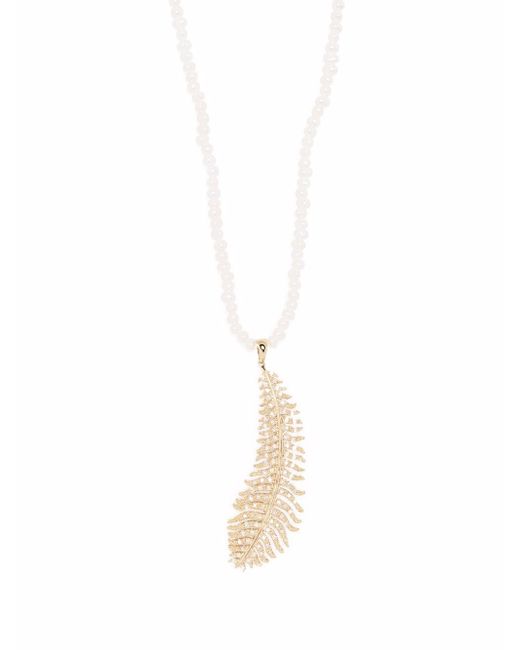Mizuki 14kt yellow long Dancing pearl large diamond feather necklace