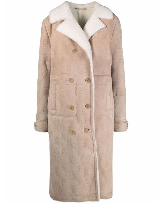 Philipp Plein monogram-embossed long shearling coat