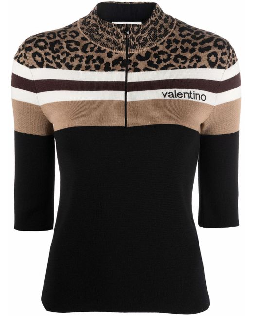 Valentino leopard print panel half-zip jumper