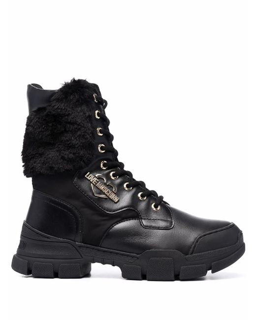 Love Moschino fur panel lace-up boots