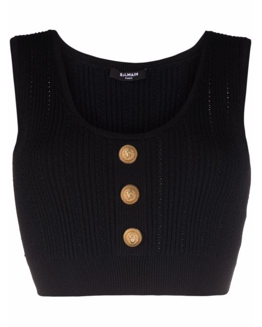 Balmain logo-button cropped sleeveless knitted top
